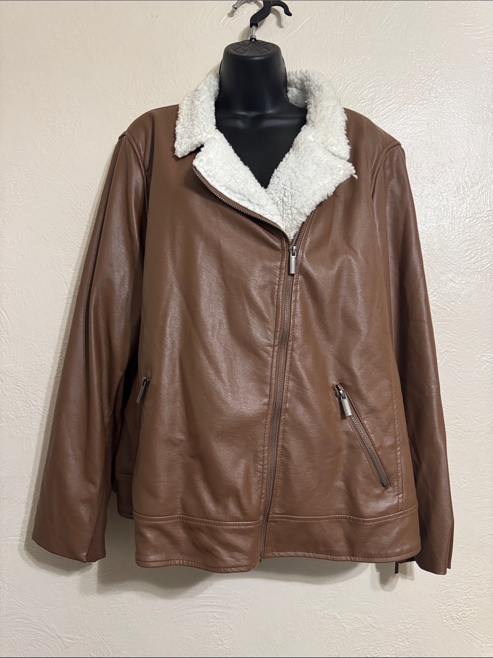 torrid Brown Faux Leather Jacket with Cream Sherpa Collar